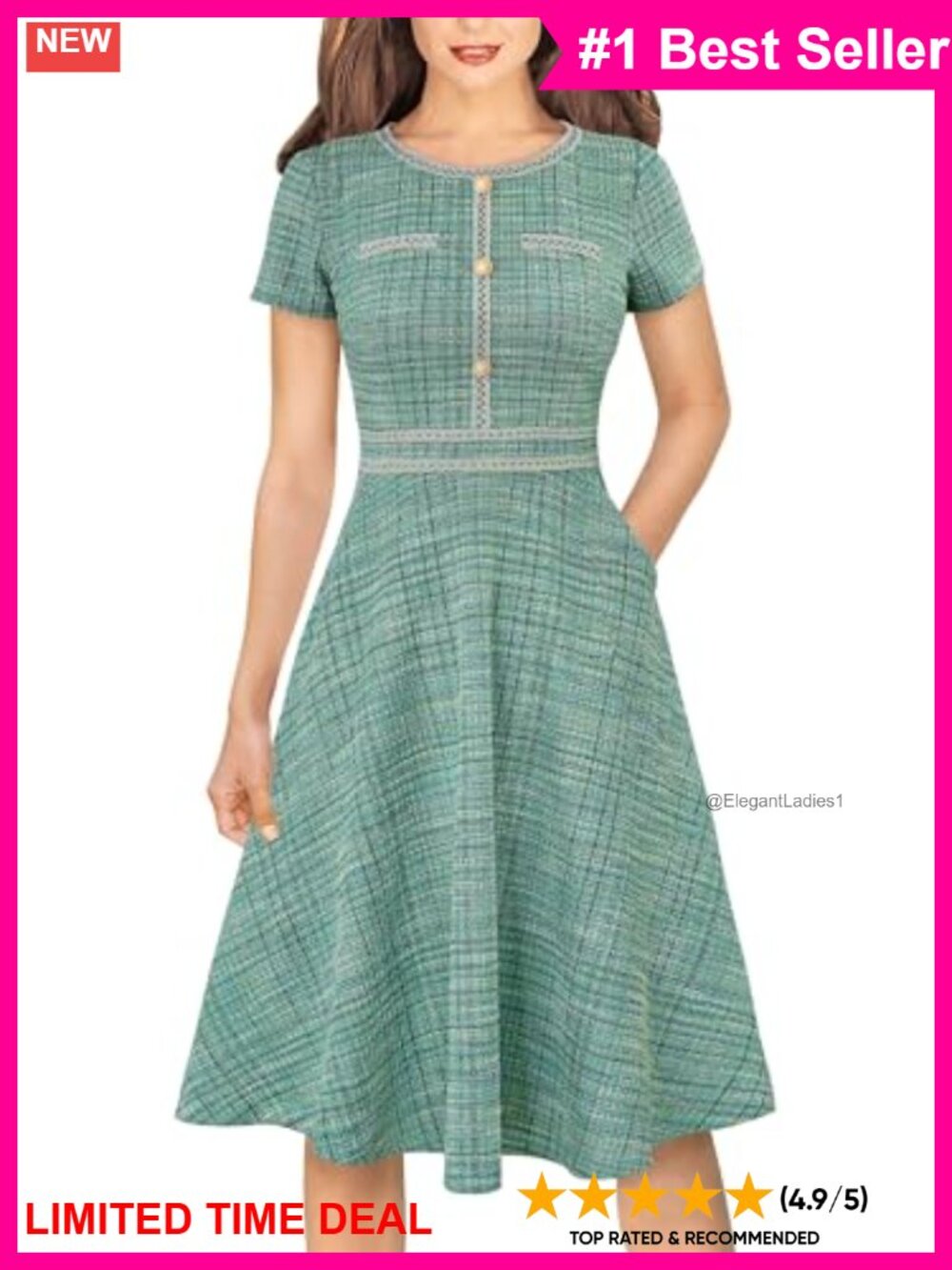 Womens Round Neck Short Sleeve A-Line Work Office Business Casual Dress